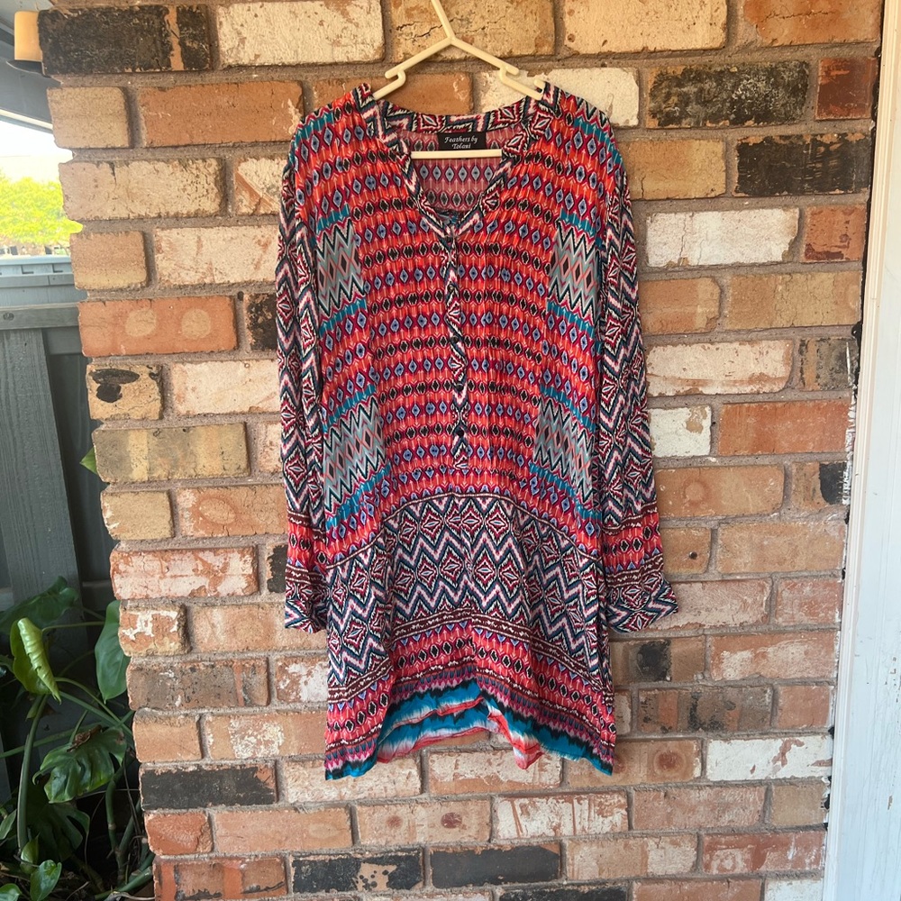 Anthropologie Feathers by Tolani Orange Aztec Boho Tunic